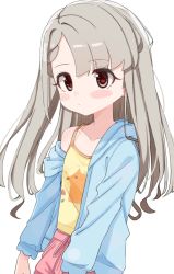 Rule 34 | 1girl, bad id, bad twitter id, blue jacket, blush stickers, braid, braided bangs, brown eyes, camisole, child, closed mouth, collarbone, commentary request, grey hair, hair down, highres, hisakawa nagi, hood, hood down, hooded jacket, idolmaster, idolmaster cinderella girls, idolmaster cinderella girls starlight stage, jacket, long hair, long sleeves, looking at viewer, open clothes, open jacket, pink shorts, shiwa (siwaa0419), shorts, simple background, solo, very long hair, white background, yellow camisole