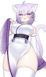 1girl animal_ear_fluff animal_ears bare_shoulders breasts cat_ears cat_girl cat_tail cowboy_shot detached_sleeves gradient_sleeves highres hololive japanese_clothes kimono large_breasts mochigomemcmc nekomata_okayu purple_eyes purple_hair purple_sleeves simple_background solo tail thighhighs virtual_youtuber white_background white_kimono white_sleeves white_thighhighs wide_sleeves