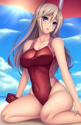 Rule 34 | 10s, 1girl, alisa ilinichina amiella, beach, blue eyes, blue sky, breasts, cloud, competition swimsuit, covered navel, day, god eater, highres, large breasts, long hair, looking at viewer, ocean, one-piece swimsuit, outdoors, red one-piece swimsuit, sand, silver hair, sitting, sky, smile, solo, swimsuit, thick thighs, thighs, umbrella, watanuki kaname, water