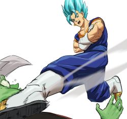 Rule 34 | 10s, 2boys, absurdres, blue eyes, blue hair, boots, commentary, crossed arms, dougi, dragon ball, dragon ball super, dragonball z, earrings, english commentary, fighting stance, fused zamasu, gloves, highres, jewelry, kicking, male focus, multiple boys, muscular, open mouth, potara earrings, short hair, simple background, smile, spiked hair, super saiyan, super saiyan blue, tears, vegetto, violence, white background, zamasu