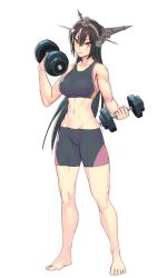 Rule 34 | 10s, 1girl, abs, barefoot, biceps, bike shorts, black hair, breasts, exercising, female focus, full body, groin, headgear, highres, kantai collection, large breasts, long hair, looking at viewer, midriff, muscular, nagato (kancolle), navel, red eyes, simple background, smile, solo, sports bra, toned, weightlifting, weights, white background, yuuji (and)