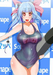 Rule 34 | 10s, 1girl, blue hair, bow, breasts, cleavage, curvy, fang, hair bow, i-19 (kancolle), jiseki, kantai collection, large breasts, long hair, looking at viewer, one-piece swimsuit, red eyes, school swimsuit, smile, solo, swimsuit, thighs, wide hips