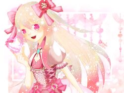 Rule 34 | 1girl, artist name, blonde hair, blush, chaos marie (grimms notes), cleavage cutout, clothing cutout, frills, grimms notes, hair ribbon, heart, heart-shaped pupils, highres, jewelry, long hair, megane namako, open mouth, pendant, pink eyes, puffy short sleeves, puffy sleeves, ribbon, short sleeves, smile, solo, sparkle, symbol-shaped pupils, teeth, upper body, upper teeth only, wings