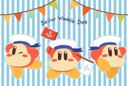 Rule 34 | anchor symbol, arms up, blue background, blue outline, blue ribbon, blush, blush stickers, brown eyes, character name, english text, flag, full body, hat, hat ribbon, highres, holding, holding flag, kirby (series), looking at viewer, looking up, miwa (ahyuck), nintendo, no humans, no mouth, one eye closed, outline, ribbon, sailor hat, sailor waddle dee, semaphore flags, shading eyes, solid oval eyes, straight-on, string of flags, striped, striped background, waddle dee, white headwear