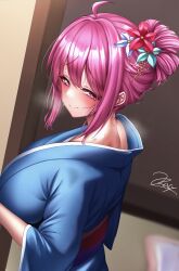 Rule 34 | 1girl, absurdres, ahoge, blurry, blurry background, blush, breasts, breath, commentary request, doorway, dutch angle, flower, futon, hair flower, hair ornament, hickey, highres, huge breasts, indoors, japanese clothes, kimono, lipstick mark, looking at viewer, looking back, nape, pink eyes, pink hair, rasis, sidelocks, signature, smile, solo, sound voltex, steam, sweat, upper body, urarasy, yukata