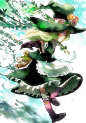 Rule 34 | 1girl, alternate costume, blonde hair, boots, braid, female focus, gloves, hat, highres, jumping, kirisame marisa, long hair, ogawa maiko, outstretched arms, petticoat, plant, profile, smile, solo, spread arms, touhou, witch, witch hat, yellow eyes