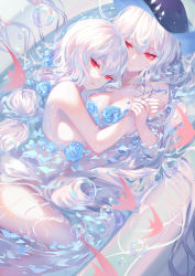 Rule 34 | 2girls, absurdres, arknights, black headwear, blue flower, blue rose, commentary, female focus, flower, highres, multiple girls, nude, partially submerged, rose, sheya, skadi (arknights), specter (arknights), symbol-only commentary, thighs, water, yuri