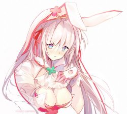 Rule 34 | 1girl, animal ears, artist name, blue eyes, blush, bow, breasts, bridal veil, bunny day, cleavage, clover, commentary, cross-shaped pupils, elphelt valentine, english commentary, fake animal ears, four-leaf clover, gloves, guilty gear, guilty gear xrd, hair between eyes, hair bow, hand on own chest, kana yukino, large breasts, patreon username, rabbit ears, red bow, short hair, sidelocks, simple background, solo, symbol-shaped pupils, upper body, veil, white background, white gloves