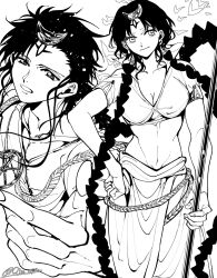 Rule 34 | 1boy, 1girl, arba (magi), braid, breasts, cleavage, crop top, cropped shirt, earrings, facial mark, forehead mark, hair ornament, hand on own hip, headpiece, highres, holding, holding staff, jewelry, large breasts, long hair, low twin braids, magi the labyrinth of magic, midriff, monochrome, navel, ojyo 058, outstretched hand, rukh (magi), shirt, skirt, solomon jehoahaz abraham, staff, toned female, twin braids