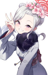 Rule 34 | 1girl, absurdres, blue archive, blush, flower, grey hair, grin, hair flower, hair ornament, highres, japanese clothes, kimono, long hair, long sleeves, looking at viewer, mutsuki (blue archive), mutsuki (new year) (blue archive), obi, official alternate costume, pink flower, red eyes, sash, simple background, smile, solo, v, white background, white kimono, wide sleeves, yeogpu (seung832222)