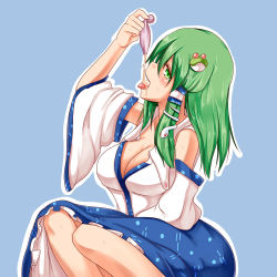 Rule 34 | 1girl, bare shoulders, blue background, blush, breasts, cleavage, condom, condom drain, cum, cum in mouth, detached sleeves, drinking from condom, frog hair ornament, gokkun, green eyes, green hair, hair ornament, hair tubes, japanese clothes, kochiya sanae, large breasts, long hair, looking at viewer, matching hair/eyes, miko, pirorun, profile, simple background, snake hair ornament, solo, sweat, tongue, tongue out, touhou, used condom, wide sleeves