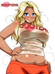 Rule 34 | 1girl, belly, blonde hair, blue eyes, blush, brand name imitation, breasts, dark-skinned female, dark skin, grin, hand on own hip, highres, hooters, large breasts, looking at viewer, muffin top, navel, no legwear, nokoppa, original, plump, pun, see-through, short shorts, shorts, smile, solo, sweat