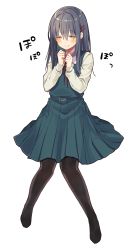 Rule 34 | 1girl, black pantyhose, blue hair, blue skirt, blue vest, blush, closed mouth, collared shirt, dress, full body, green eyes, hair ornament, hairclip, long hair, long sleeves, no shoes, original, oshioshio, pantyhose, pinafore dress, pleated skirt, shirt, simple background, skirt, sleeveless, sleeveless dress, smile, solo, vest, white background