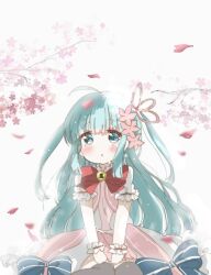 Rule 34 | 1girl, ahoge, alternate costume, black thighhighs, blue eyes, blue hair, blunt bangs, bow, bowtie, cherry blossoms, clea (kirara fantasia), dress, expressionless, eyebrows hidden by hair, falling petals, flower, frills, fuio, hair flower, hair ornament, hands on own knees, keyhole, kirara fantasia, long hair, looking at viewer, open mouth, own hands together, petals, red bow, ribbon, shirt, short sleeves, simple background, sitting, solo, thighhighs, two side up, v arms, very long hair, wariza, white shirt