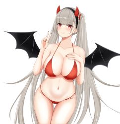 Rule 34 | 1girl, azur lane, bat wings, bikini, blush, breasts, cleavage, closed mouth, collarbone, cowboy shot, demon horns, fake horns, formidable (azur lane), grey hair, hair ornament, halloween, highres, horns, large breasts, long hair, looking at viewer, nail polish, o-ring, o-ring bikini, red bikini, red eyes, red nails, sideboob, smile, solo, swimsuit, thigh gap, twintails, v, very long hair, vik (xypt7474), wings