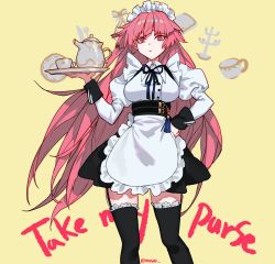 Rule 34 | 1girl, apron, artist name, black thighhighs, breasts, closed mouth, english text, girls&#039; frontline, hand on own hip, highres, holding, holding tray, long hair, looking at viewer, maid, maid apron, maid headdress, ntw-20 (girls&#039; frontline), ntw-20 (the aristocrat experience) (girls&#039; frontline), official alternate costume, purple eyes, purple hair, simple background, sobi (dnenqkswja), solo, standing, thighhighs, tray, yellow background