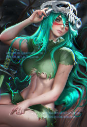 Rule 34 | 1girl, bleach, breasts, facial mark, female focus, green hair, large breasts, long hair, looking at viewer, mask, mask on head, midriff, navel, nelliel tu odelschwanck, sakimichan, skull mask, solo, torn clothes, underboob