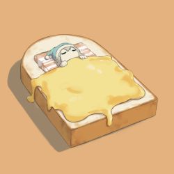 Rule 34 | avogado6, bacon, blue hat, bread, bread slice, cheese, closed eyes, commentary request, food, from above, grey hair, hat, in food, lying, mini person, minigirl, on back, orange background, original, silhouette, sleeping, solo, toast
