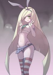 Rule 34 | 1girl, :d, adapted costume, animal ears, bad id, bad pixiv id, black panties, blonde hair, blush, breasts, commentary request, cosplay, creatures (company), cropped legs, crossover, diamond (shape), double v, elbow gloves, game freak, gloves, green eyes, groin, highleg, highleg panties, hip focus, kantai collection, long hair, looking at viewer, lusamine (pokemon), mature female, microskirt, midriff, navel, nintendo, open mouth, panties, pokemon, pokemon sm, public indecency, rabbit ears, school uniform, serafuku, shimakaze (kancolle), shimakaze (kancolle) (cosplay), short sleeves, skirt, small breasts, smile, solo, standing, stomach, striped clothes, striped thighhighs, sweat, thighhighs, thighs, thong, underwear, v, very long hair, waero