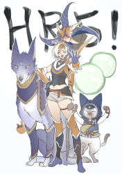 Rule 34 | 1girl, animal hood, armor, canyne, cat hood, dog, closed eyes, fangs, felyne, gloves, highres, hood, lingzi, looking at viewer, monster hunter (series), monster hunter rise, navel, open mouth, short hair, shorts, simple background, smile, thighhighs, white hair