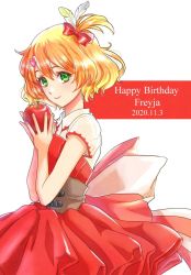 Rule 34 | 1girl, 2020, akira ituki, apple, blonde hair, bow, brown hair, bustier, character name, closed mouth, dated, dress, feather hair ornament, feathers, food, freyja wion, from side, fruit, gradient hair, green eyes, hair between eyes, hair bow, hair ornament, happy birthday, heart, heart hair ornament, holding, holding food, holding fruit, multicolored hair, one side up, red apple, red bow, red dress, short sleeves, smile, solo, standing, white background, white feathers