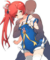 Rule 34 | 1girl, azur lane, bailey (azur lane), blush, grabbing another&#039;s breast, breasts, rabbit hair ornament, collarbone, commentary request, fingering, fingering from behind, fingering through clothes, grabbing, hair ornament, licking, long hair, red eyes, red hair, side ponytail, small breasts, solo focus, thighhighs, through clothes, white background, white thighhighs, youhei 64d