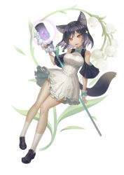 Rule 34 | 1girl, :3, animal ear fluff, animal ears, bare shoulders, black footwear, black hair, blue bow, bow, braid, breasts, brown eyes, cloud horizon, colored inner hair, dress, flower, frilled dress, frills, full body, gem, highres, lily linglan, loafers, long hair, looking at viewer, medium breasts, multicolored hair, scotishfold, shoes, short hair, smile, socks, solo, staff, twin braids, virtual youtuber, white dress, white flower, white socks, wolf ears, wolf girl