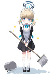 Rule 34 | 1girl, age regression, aged down, blonde hair, blue archive, blue eyes, bucket, bucket spill, female focus, full body, halo, highres, holding, holding mop, looking at viewer, maid, maid headdress, mop, shoes, socks, solo, spill, standing, toki (blue archive), twintails, umou (may65879), white socks