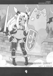 Rule 34 | 1girl, :&lt;, angel wings, armor, bat wings, boots, cat, choker, chunsoft, cosplay, demon, demon girl, demon wings, detached sleeves, dragon quest, dragon quest iii, enix, facial mark, flat chest, forehead mark, greyscale, head wings, highres, horns, long hair, lowleg, lowleg panties, maoh, maou (oomune maou-sama), midriff, monochrome, navel, nyanjirou, oomune maoh-sama no hon 2, oomune maou-sama no hon, original, panties, parody, pauldrons, pointy ears, scan, shield, shigatake, shoulder armor, soldier (dq3), sword, thigh boots, thighhighs, underwear, weapon, wings