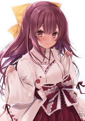 Rule 34 | 1girl, absurdres, alternate costume, artist name, blush, closed mouth, dated, floral print, hair between eyes, hair ribbon, hakama, highres, japanese clothes, kamikaze (kancolle), kantai collection, kimono, lace trim, long hair, long sleeves, mashiro yukiya, purple eyes, purple hair, red hakama, ribbon, signature, simple background, smile, solo, white background, white kimono, wide sleeves, yellow ribbon