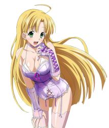 Rule 34 | 10s, 1girl, :d, ahoge, asia argento, blonde hair, bra, breasts, choker, cleavage, collarbone, cowboy shot, detached sleeves, floating hair, flower, garter straps, green eyes, hand on lap, high school dxd, large breasts, leaning forward, long hair, looking at viewer, open mouth, panties, pink thighhighs, purple flower, purple ribbon, ribbon, ribbon choker, shiny clothes, shiny skin, smile, solo, standing, thighhighs, transparent background, underwear, very long hair, white bra, white panties