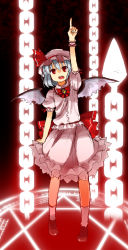 Rule 34 | 1girl, bat wings, blue hair, bow, chain, female focus, hat, hat ribbon, highres, magic circle, miurayuuki, open mouth, outstretched arms, pink hat, puffy sleeves, red eyes, remilia scarlet, ribbon, short hair, short sleeves, solo, suzuki natsume, touhou, wings, wrist cuffs