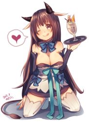 Rule 34 | 1girl, 2015, ;q, animal ears, artist name, azu torako, bare shoulders, blue eyes, blush, breasts, brown hair, cleavage, closed mouth, dated, detached collar, detached sleeves, grey thighhighs, heart, holding, holding tray, horns, kneeling, large breasts, legs apart, long hair, looking at viewer, one eye closed, original, shadow, signature, simple background, smile, solo, spoken heart, tail, thighhighs, tongue, tongue out, tray, white background
