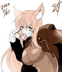 Rule 34 | 1girl, 2020, animal ears, breasts, dated, covered erect nipples, fate/grand order, fate (series), fur, glasses, highres, jacket, large breasts, looking at viewer, millipen (medium), monochrome, signature, smile, smirk, solo, suga leon, suzuka gozen (fate), traditional media, type-moon