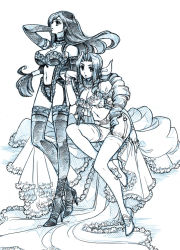Rule 34 | 1990s (style), 2girls, :o, aerith gainsborough, arm up, blush, braid, breasts, center opening, cleavage, detached collar, eguana, final fantasy, final fantasy vii, full body, garter belt, garter straps, high heels, large breasts, lingerie, long hair, looking at viewer, monochrome, multiple girls, navel, parted lips, retro artstyle, rock, simple background, single braid, sitting, square enix, standing, thighhighs, tifa lockhart, underwear, very long hair, white background