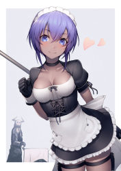 Rule 34 | 1boy, 1girl, alternate costume, apron, black choker, black dress, black gloves, blue eyes, blush, border, breasts, broom, choker, cleavage, closed mouth, collarbone, commentary request, cowboy shot, dark-skinned female, dark skin, dress, enmaided, fate/grand order, fate (series), frilled apron, frilled dress, frills, gloves, grey background, hassan of serenity (fate), heart, holster, horns, king hassan (fate), kyoeiki, looking at viewer, maid, maid headdress, mask, medium breasts, outside border, purple hair, short hair, short sleeves, skull mask, smile, solo focus, thigh holster, thigh strap, underbust, waist apron, white apron, white border