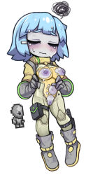 Rule 34 | 1girl, 3:, alien, blue hair, blunt bangs, bodysuit, boots, breasts, cleft of venus, closed eyes, closed mouth, colored nipples, colored skin, creature and personification, full body, furrowed brow, gloves, gray grunt, green bodysuit, grey footwear, grey gloves, grey skin, hair ornament, hairclip, knee boots, medium breasts, multicolored bodysuit, multicolored clothes, navel, no nose, nyong nyong, personification, pouch, purple nipples, purple pussy, pussy, short hair, simple background, solo, squiggle, standing, terraria, thigh strap, uncensored, white background, yellow bodysuit