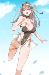 Rule 34 | 1girl, bandaged head, bandages, blush, breasts, casual one-piece swimsuit, cleavage, closed eyes, commentary request, covered navel, goddess of victory: nikke, grey hair, hair ribbon, highres, large breasts, long hair, modernia (nikke), ninchan, one-piece swimsuit, ribbon, smile, solo, swimsuit, yellow ribbon