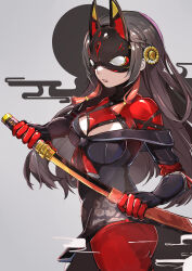 Rule 34 | 1girl, absurdres, breasts, brown hair, cleavage, dohna dohna issho ni warui koto o shiyou, fox mask, gloves, grey background, hair ornament, highres, holding, holding sword, holding weapon, katana, large breasts, long hair, mask, mibu kikuchiyo, parted lips, sao7, simple background, solo, sword, very long hair, weapon