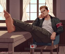 Rule 34 | 1boy, annlu vazzel, armband, artist name, barefoot, window blinds, brown eyes, brown hair, chair, clip studio paint (medium), commentary, commission, crossed legs, dated, english commentary, feet, fingernails, full body, green jacket, head rest, highres, indoors, jacket, ko-fi logo, light brown hair, male focus, multicolored hair, on chair, pectoral cleavage, pectorals, porco galliard, shingeki no kyojin, shirt, sitting, smile, soles, solo, table, two-tone hair, undercut, veins, watermark, white shirt, window, wooden floor