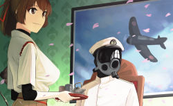 Rule 34 | 10s, 1boy, 1girl, admiral (kancolle), aircraft, airplane, amino (tn7135), bad id, bad pixiv id, blush, bow, breasts, brown eyes, brown hair, cherry blossoms, cup, gas mask, hair bow, hair ribbon, helmet, ise (kancolle), japanese clothes, kantai collection, large breasts, long hair, mask, personification, petals, ponytail, ribbon, skirt, smile, teacup, teapot, yunomi
