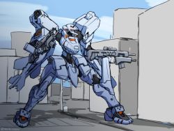 Rule 34 | artist name, dual wielding, f-15e strike eagle, gun, highres, holding, holding gun, holding weapon, iwashi sozoro, looking to the side, mecha, muv-luv, muv-luv alternative, no humans, robot, science fiction, sky, solo, standing, tactical surface fighter, twitter username, visor, weapon