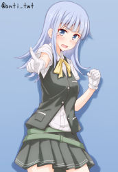 Rule 34 | &gt;:o, 10s, 1girl, :o, angry, anti (untea9), belt, black skirt, black vest, blue background, blunt bangs, blush, bow, bowtie, buttons, clenched hand, collared shirt, contrapposto, cowboy shot, gloves, hatsukaze (kancolle), head tilt, highres, kantai collection, long hair, looking at viewer, pleated skirt, pocket, pointing, pointing at viewer, shirt, short sleeves, sidelocks, simple background, skirt, solo, standing, tareme, teardrop, tears, v-shaped eyebrows, vest, white gloves, yellow bow, yellow bowtie