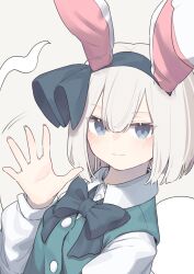 Rule 34 | 1girl, animal ears, black bow, black bowtie, black hairband, black ribbon, blue eyes, blush, bow, bowtie, buttons, closed mouth, collared shirt, commentary request, fake animal ears, fingernails, garasuno, ghost, green vest, grey background, hair between eyes, hairband, hand up, highres, hitodama, konpaku youmu, konpaku youmu (ghost), long fingernails, long sleeves, looking at viewer, puffy long sleeves, puffy sleeves, rabbit ears, ribbon, shirt, short hair, simple background, smile, solo, standing, touhou, upper body, vest, white hair, white shirt