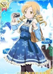 Rule 34 | 10s, 1girl, alternate costume, bag, blonde hair, camera, card (medium), drill hair, hair ornament, mahou shoujo madoka magica, mahou shoujo madoka magica plus, official art, pantyhose, snowflake print, solo, tomoe mami, trading card, twin drills, twintails, yellow eyes