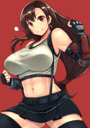 Rule 34 | 1girl, abs, black gloves, black skirt, black thighhighs, breasts, cowboy shot, earrings, elbow gloves, elbow pads, final fantasy, final fantasy vii, fingerless gloves, gloves, highres, jewelry, kokuriu, large breasts, long hair, low-tied long hair, midriff, miniskirt, navel, red background, shirt, simple background, skirt, smile, solo, suspender skirt, suspenders, tank top, taut clothes, taut shirt, thighhighs, tifa lockhart