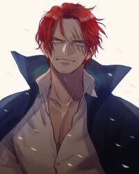 Rule 34 | beard, collarbone, facial hair, highres, light particles, looking at viewer, male focus, nicoliarts, one piece, orange eyes, partially unbuttoned, pectoral cleavage, pectorals, red hair, scar, scar across eye, scar on face, shanks (one piece), shirt, short hair, smile, white background, white shirt