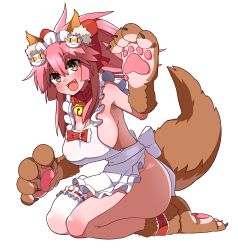 Rule 34 | 1girl, absurdres, akitokage, animal ear fluff, animal ears, animal hands, apron, bare shoulders, bell, blush, bow, breasts, cat hair ornament, cleavage, collar, fangs, fate/extra, fate/grand order, fate (series), fox ears, fox girl, fox tail, frills, gloves, hair between eyes, hair bow, hair ornament, highres, jingle bell, large breasts, long hair, looking at viewer, naked apron, neck bell, open mouth, paw gloves, paw shoes, pink hair, ponytail, red bow, sideboob, sidelocks, sitting, smile, solo, tail, tamamo (fate), tamamo cat (fate), thighhighs, wariza, white apron, white background, white thighhighs, yellow eyes