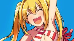 Rule 34 | 10s, 1girl, ^ ^, arm up, asada hachi, bikini, blonde hair, blue background, close-up, closed eyes, earrings, fate/extra, fate/grand order, fate (series), halterneck, jewelry, long hair, nero claudius (fate), nero claudius (fate) (all), nero claudius (swimsuit caster) (fate), open mouth, simple background, smile, solo, striped bikini, striped clothes, swimsuit, twintails