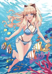 Rule 34 | 1girl, :d, absurdres, aqua bikini, barefoot, bikini, black bow, blonde hair, blue eyes, blunt bangs, bow, breasts, cleavage, clownfish, commentary request, elf, feng shao kky (arj0522), fish, flower, full body, hair bow, hair flower, hair ornament, highres, large breasts, long hair, looking at viewer, navel, official alternate costume, open mouth, pointy ears, ponytail, princess connect!, saren (princess connect!), saren (summer) (princess connect!), smile, solo, surgeonfish, swimsuit, tropical fish, underwater